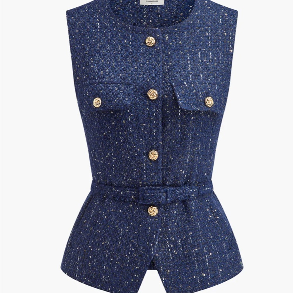 Commense Navy Tweed Vest with Gold buttons and removable belt